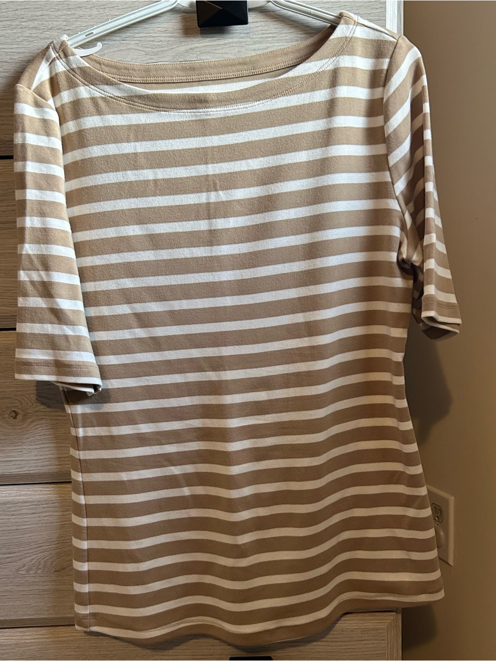 Boat neck  Tan & White Striped Tee